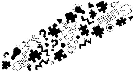 Fototapeta premium Puzzle doodles vector illustration with scattered problem solving elements and colorful abstract shapes in dynamic layout