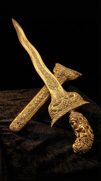 A luxurious golden sculpture inspired by the traditional keris dagger, one of Indonesia&rsquo;s most revered cultural weapons. The elegant wavy blade and intricate carvings represent spiritual power and roy