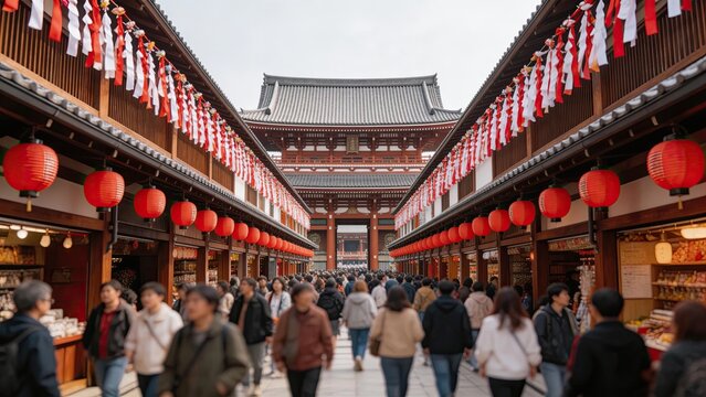Crowded shopping street with traditional Japanese architecture red lanterns and festive banners blurred tourists walking towards temple gate cultural heritage travel destination