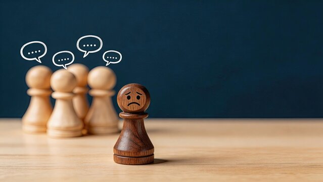 Sad wooden pawn with angry speech bubbles isolated from group symbolizing workplace bullying loneliness social exclusion conflict depression and emotional distress in business or