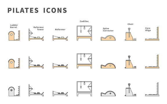 Color version of pilates equipment icons, Flat design vector, マシンピラティス器具のアイコン（カラー）, フラットデザイン, ベクター素材