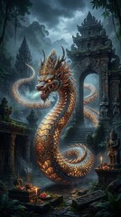 Fototapeta premium ancient sacred naga dragon with long serpentine body and glowing scales, intricate Indonesian ornament patterns along its body, powerful guardian creature, cinematic lighting, dark mystical atmosphere