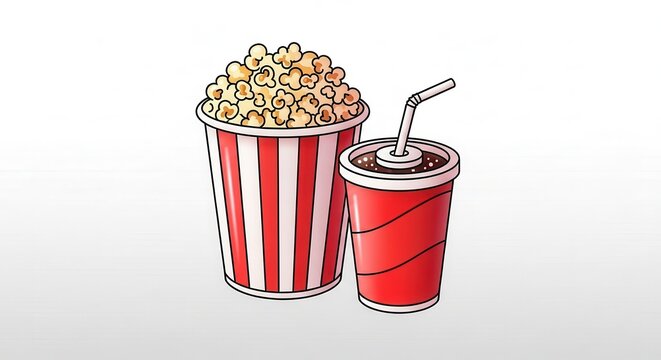 Delicious movie theater snacks: a classic popcorn bucket and a refreshing soda drink illustration