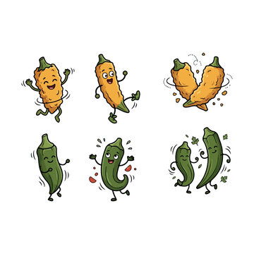 Okra Vegetable Illustration Set  Fresh, Fried and Cooked Okra Dishes Delicious Okra Recipes Illustration Sliced, Fried and Curry Okra Collection 