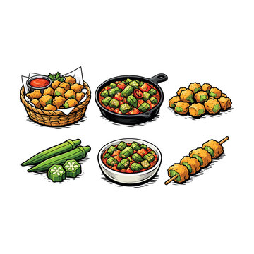 Okra Vegetable Illustration Set  Fresh, Fried and Cooked Okra Dishes Delicious Okra Recipes Illustration Sliced, Fried and Curry Okra Collection 