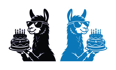Fototapeta premium Cool llama wearing sunglasses holding birthday cake, funny alpaca party vector illustration, black and blue animal character icons for celebration