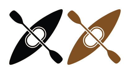 Minimalist kayak and paddle vector icons, black and brown rowing boat silhouettes, outdoor water sports symbols for adventure travel and recreation © ArsiStudio