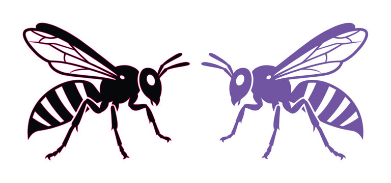 Stylized wasp vector icons, black and purple hornet silhouettes, minimalist flying insect illustrations for logo design and pest control branding