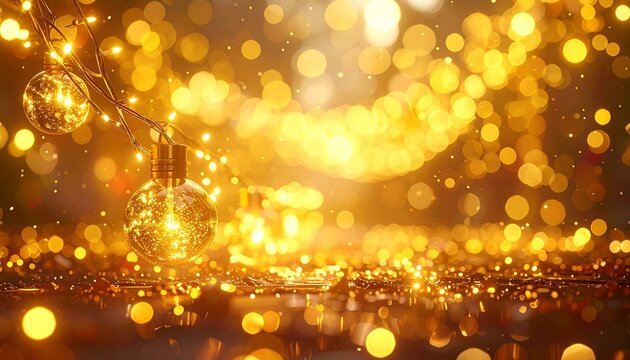 Close-up festive shot with string lights and shiny orbs creating a warm, blurred background of golden light