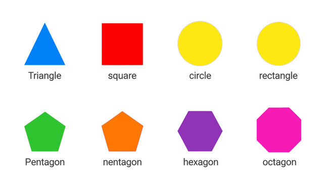 Flat lay of various geometric shapes with labels on a white background, showcasing triangle, square, circle, rectangle, pentagon, heptagon, hexagon, and octagon.