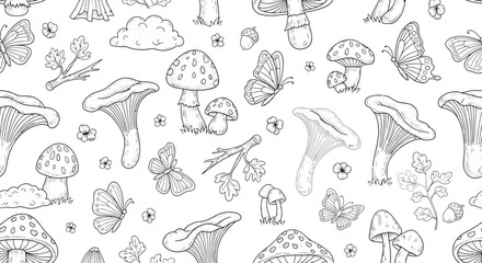 Obraz premium Black and white illustration of mushrooms butterflies and floral elements