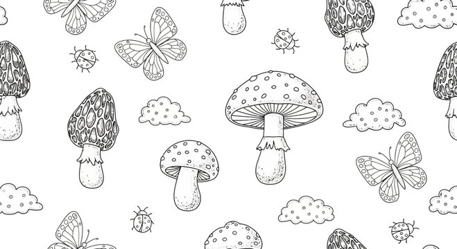 Black and white illustration of mushrooms butterflies and clouds pattern