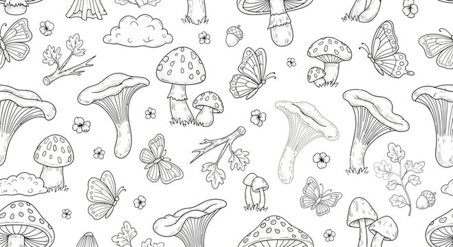 Black and white illustration of mushrooms butterflies and floral elements