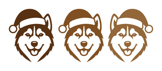 Siberian Husky Christmas vector set, brown husky dog heads wearing Santa hats, festive winter pet illustrations for holiday cards and decor © ArsiStudio