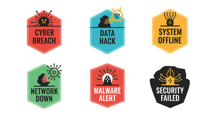 Fototapeta premium Set of colorful hexagonal badges depicting cybersecurity threats and data protection failures, featuring clean lines, simple shapes, and bold typography for digital security
