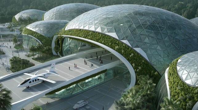 Futuristic airport terminal with dome-shaped glass roofs, integrated greenery, and a sleek private jet on the runway surrounded by lush trees.