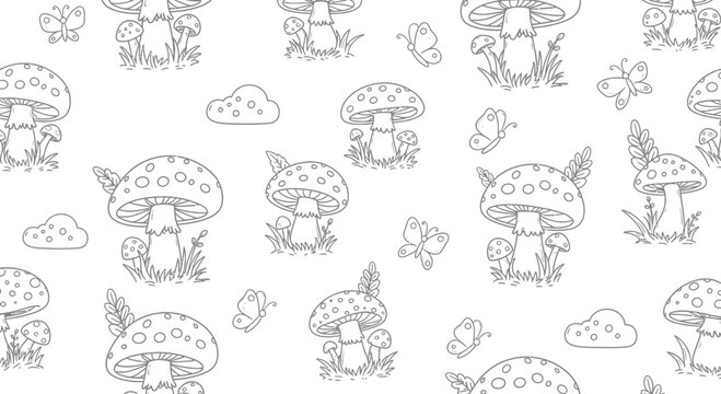 Cartoon mushrooms and butterflies seamless pattern isolated on white background