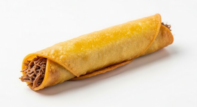 Crispy golden fried taquito filled with savory shredded meat on a bright white background for an