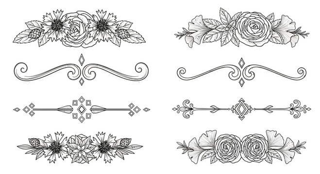 Elegant floral and decorative border elements in black and white vector set