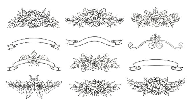 Elegant floral and ribbon design elements in black and white for various uses