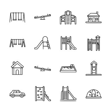 A collection of black and white line drawings of playground equipment Vector, illustration