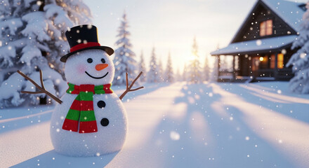 Obraz premium Cheerful Snowman in Top Hat Standing Before a Cozy Winter Cabin at Sunset