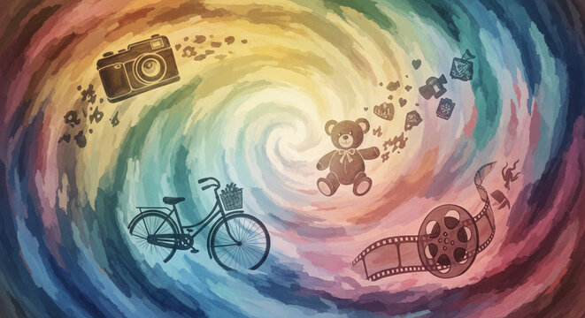 Nostalgic Vintage Object Collage in Rainbow Watercolor Vortex with Teddy Bear and Camera