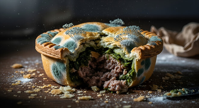 Disgusting mouldy meat pie with green fungus growth