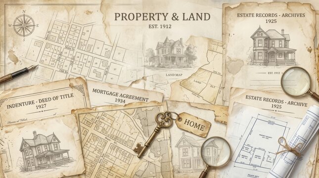 Antique land deeds and old property maps with house sketches and vintage key. Historical archive of real estate records and mortgage agreement document. Architectural heritage concept.