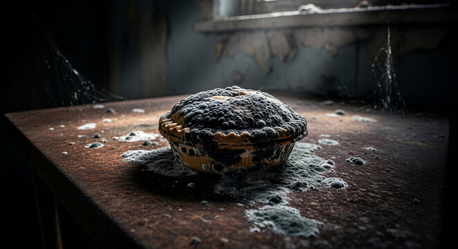 Old Mouldy Meat Pie Covered in Black Fungus on Rusty Table