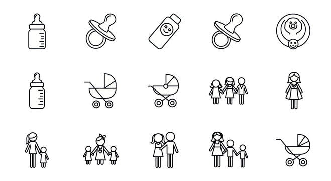 Baby Icons Set: Bottle, Pacifier, Stroller, Family, Bib, Lotion - Line Art Collection