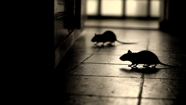 Two Silhouetted Rats Creeping Across a Dark, Tiled Floor.