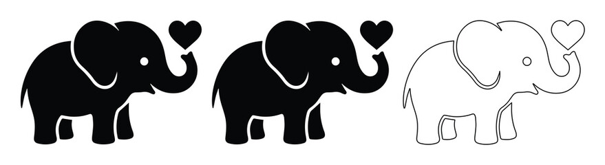 Fototapeta premium Cute elephant silhouette icons with heart, minimalist baby elephant vector set, black and white animal illustrations for nursery decor and greeting cards