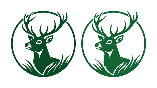 Vintage deer head logo set, majestic stag with large antlers in circular frame, green forest buck vector illustration for hunting and outdoor branding