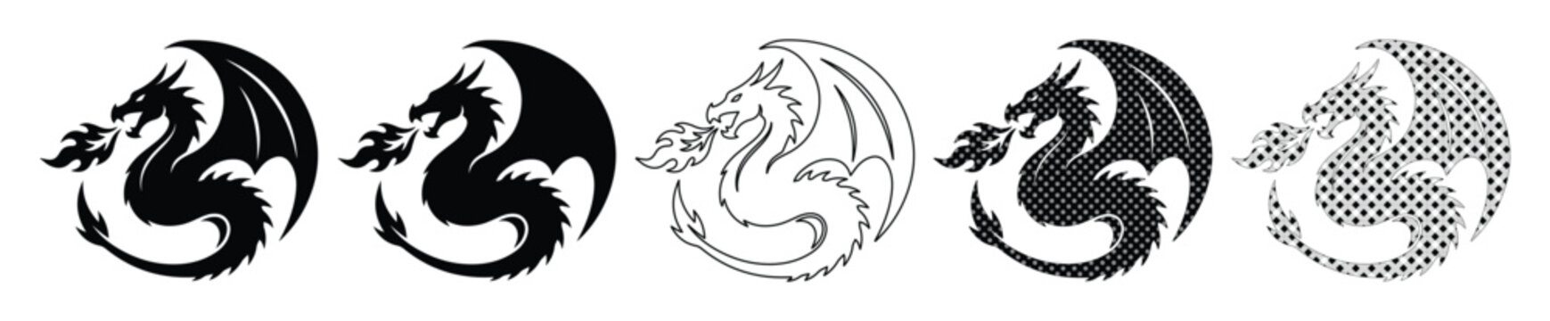 Mythical dragon silhouette icons, fire breathing dragon vector set, black fantasy creature logos, circular dragon emblem collection for gaming