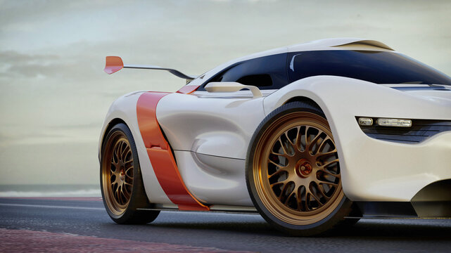 Futuristic white luxury sports car on road at sunset, 3D render illustration.
