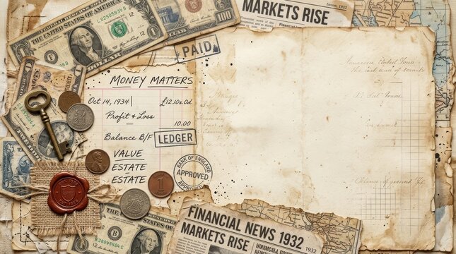 Retro financial document ledger with vintage bank currency and old metal key. Antique accounting paper with wax seal and historical newspaper clippings. Economic growth concept history.