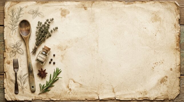 Old paper background with wooden spoon, fork and aromatic herb. Culinary recipe template with dried plant and spice. Rustic food preparation concept for organic cooking menu page design.