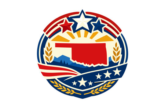 Oklahoma State Emblem for 250 Years of American Freedom, Patriotic Vector Badge with Red State Map, Stars, Stripes, Wheat Stalks, and Sunburst Design for Semiquincentennial Celebration Graphic
