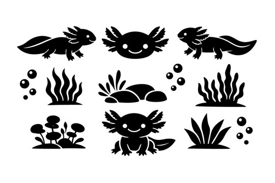 Set of black axolotl silhouette icons featuring cute amphibians, smiling faces, aquatic plants, seaweed, and bubbles; underwater nature wildlife vector design elements for creative projects.