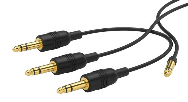 A black cable with three rca connectors isolated on transparent background