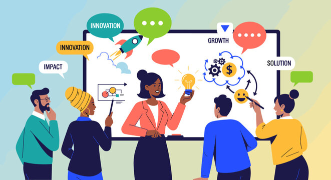 Diverse team collaborating around a whiteboard, brainstorming ideas with speech bubbles, rocket ship launch, and lightbulb, fostering innovation, growth, and impact, using vibrant