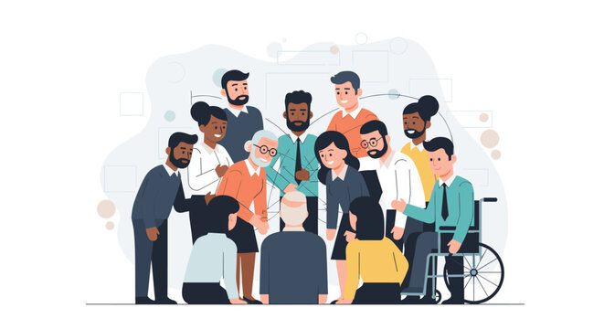 Diverse group people gathered around, supporting each other, fostering unity, collaboration, teamwork, with vibrant colors, clean lines, and a flat design style, representing