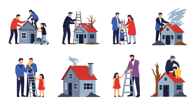 Family and individuals working together to repair damaged houses, showcasing teamwork and resilience with vibrant red, blue, and gray colors, using clean lines in a vector