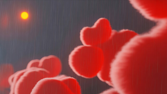 Abstract red floral forms against a dark rainy background with a distant light