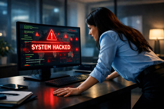 System hacked alert displayed on monitors as cybersecurity breach shocks office.