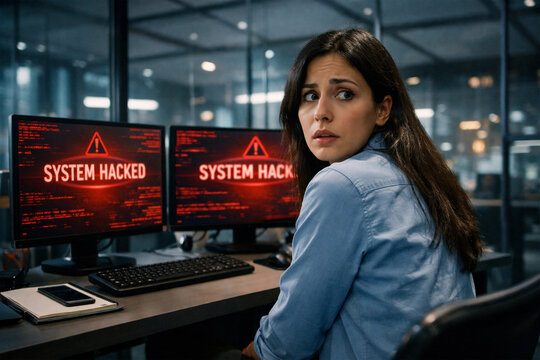 System hacked alert displayed on monitors as cybersecurity breach shocks office.