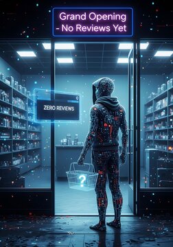 Futuristic AI shopper entering empty retail store at grand opening with zero reviews, digital consumer behavior and trust concept, neon cyberpunk marketplace scene