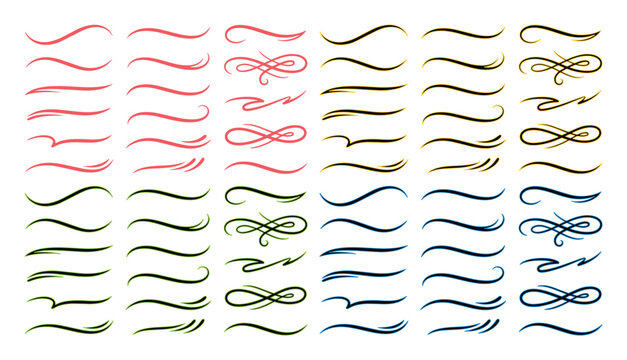 Elegant calligraphy flourishes and decorative swashes set, colorful hand drawn swirls and divider elements, vintage ornamental vector strokes for wedding stationery