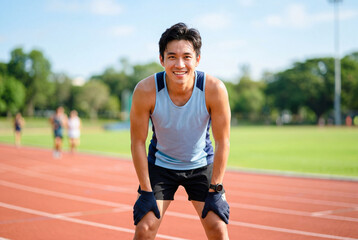 Fototapeta premium Smiling young asian male runner resting with hands on knees on outdoor athletic running track